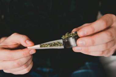 Esrarkeşin çakmakla esrar içtiği yeri kapatın. Kapatın. Uyuşturucu kullanımı. Marihuana hazırlayan ve yuvarlayan adam. Esrar saran bir adam. Uyuşturucu uyuşturucu konsepti.
