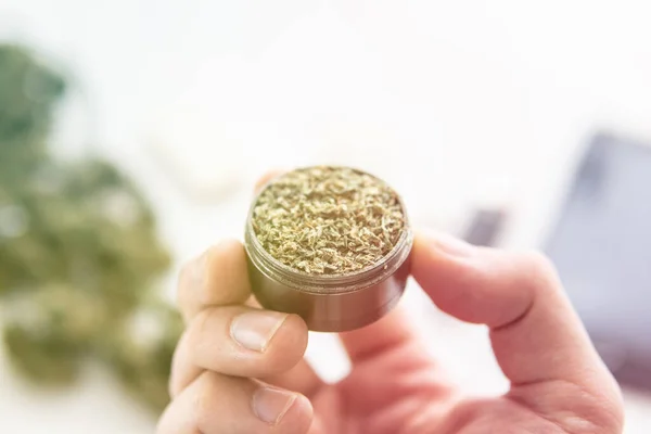 Grinder Fresh Weed Hand Close Cannabis Buds White Table Joint — Stock Photo, Image
