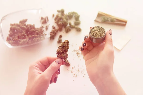 Woman Preparing Rolling Marijuana Cannabis Joint Close Marijuana Blunt Grinder — 스톡 사진