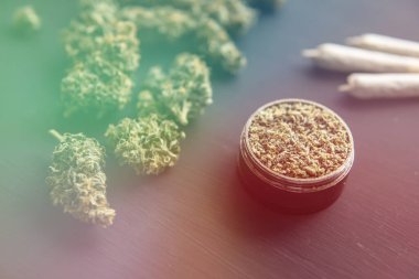 Esrarlı esrar, yakın çekim, siyah masada esrar tomurcukları, taze marihuana öğütücü, üst görüş, ışık renk akışı