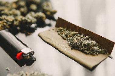 Kopyalama alanı için esrarın arka planda el ele tutuşması. Kenevir tomurcukları için CBD ve THC. Bitki öğütücü Taze marihuana. Blunt ve Lighters. Kapat..