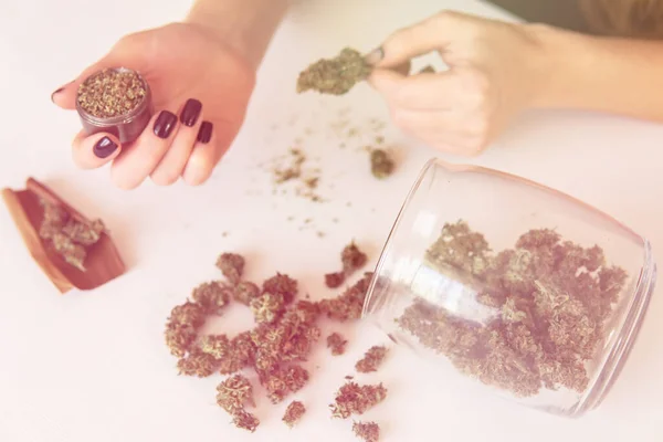 Een Vrouw Met Een Cannabisstomp Een Witte Achtergrond Marihuanagebruik Concept — Stockfoto