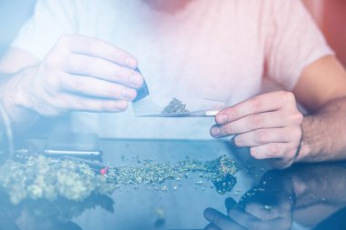 Esrar saran bir adam. Uyuşturucu kullanımı. Marihuana hazırlayan ve yuvarlayan adam. Esrarkeşin çakmakla esrar içtiği yeri kapatın. Uyuşturucu narkotik konsepti. Kapat..