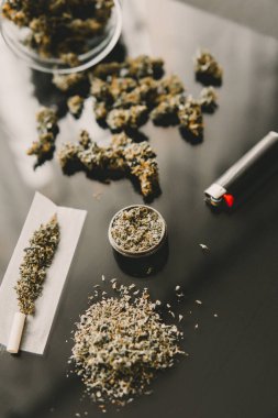 Kopyalama alanı için esrarın arka planda el ele tutuşması. Kenevir tomurcukları için CBD ve THC. Kapatın. Bitki öğütücü Taze marihuana. Künt ve Çakmaklar.
