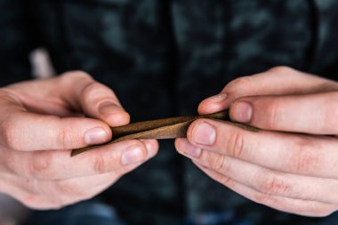 Marihuana Blunt 'ı çakmakla yakmaya çalış. Marihuana kullanan bir adam. Kapatın. Uyuşturucu narkotik konsepti. Esrar hazırlayan ve yuvarlayan adam Blunt..