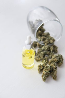 Tıbbi marihuana konsepti, CBD kenevir yağı. Yakın çekim, kenevir ürünü, pipette bir şişe kenevir yağı, dikey çekim