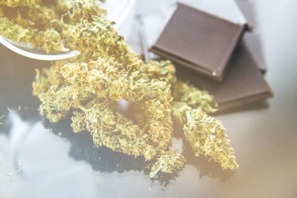 Conceito Chocolate Com Erva Cannabis Cbd Chocolate Com Maconha Botões — Fotografia de Stock