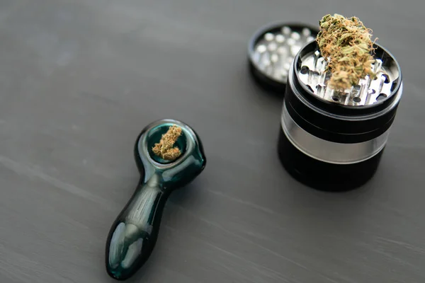 Cannabis Buds Black Wood Background Weed Grinder Fresh — Stock Photo, Image