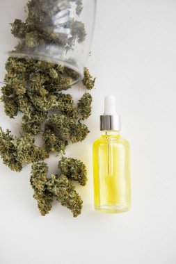 Tıbbi marihuana konsepti, yakın plan, CBD kenevir yağı, doğal bitki, kenevir yağı, dikey çekim