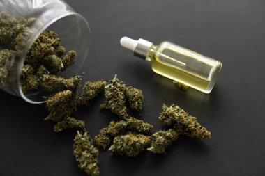 Esrar konsepti, CBD tıbbi petrol, pipette kenevir yağı, kapat,