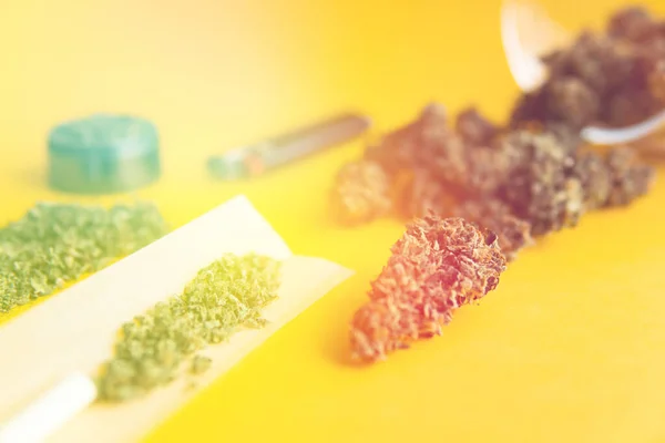 Brotes Cannabis Mano Sobre Fondo Amarillo Para Copiar Espacio Vista — Foto de Stock