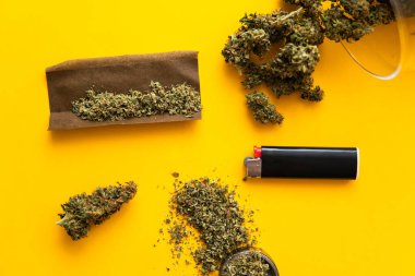 Kenevir tomurcukları için CBD ve THC. Kopyalama alanı için sarı arka planda esrar tomurcukları. Kenevirin yasallaştırılması. Blunt ve Lighters. Taze marihuana. Üst görünüm.