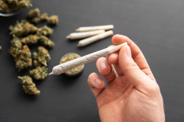 Esrarlı esrar, manzaralı, öğütücü taze marihuana, siyah masada esrar tomurcukları,