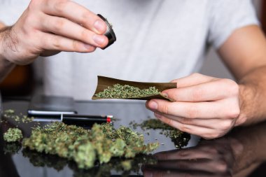 Esrarkeşin çakmakla esrar içtiği yeri kapatın. Uyuşturucu kullanımı. Kapatın. Esrar saran bir adam. Uyuşturucu narkotik konsepti. Marihuana hazırlayan ve yuvarlayan adam.