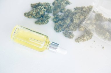 Tıbbi marihuana konsepti, CBD kenevir yağı, doğal bitki, yakın plan, pipetteki kenevir yağı, ışık renk tonlarından sızar
