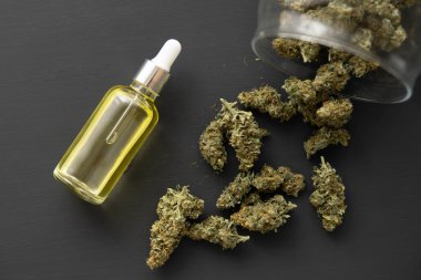Pipette esrar yağı, esrar marihuana konsepti, yakın plan, CBD medikal yağ,
