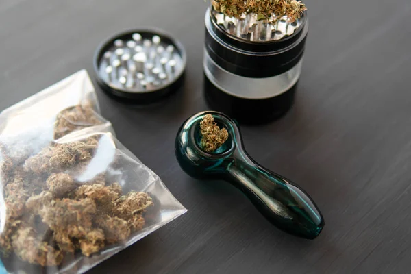 Cbd Thc Toppen Cannabis Cannabisknoppen Zwart Hout — Stockfoto