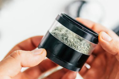 Ot öğütücü taze marihuana elinde. Beyaz ahşap arka planda esrar tomurcukları. Uzayı kopyala Kapat..