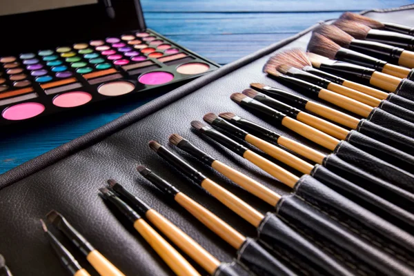 Makeup brushes in leather case — Stock Photo, Image