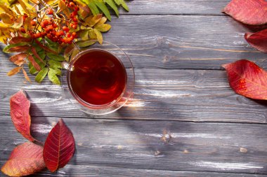 Fincan çay gri ahşap masa üzerinde. Sonbahar yaprakları