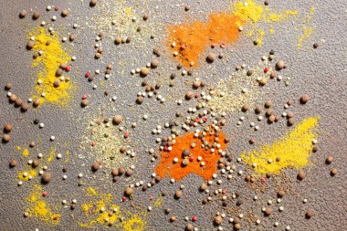 Gri arka plan üzerinde çeşitli baharatlar