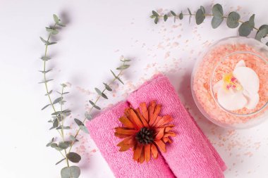 Beyaz arka planda pembe spa dürtüleri. Uzayı kopyala, düz yat