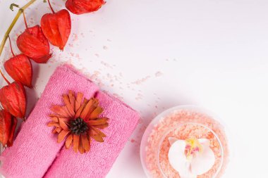 Beyaz arka planda pembe spa dürtüleri. Uzayı kopyala, düz yat