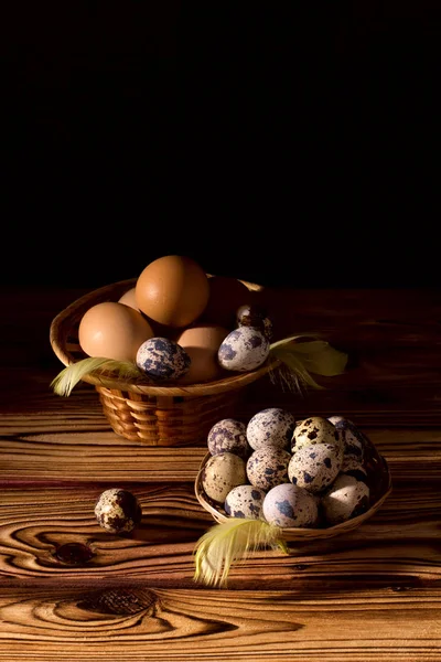 Huevos de Pascua en canasta con pluma. Sobre fondo negro.Luz de la mañana . — Foto de Stock