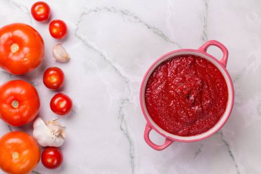 Maydanozlu domates çorbası, mermer arka planda soğan ve sarımsak. Rahat bir yemek. Kırsal tarzda. Boşluğu kopyala.