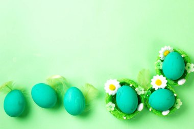 Colored easter eggs with feathers on a green background. Monochrome. Top view.