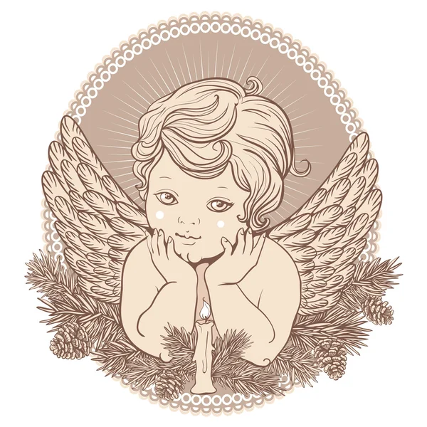 Kleine engel met vleugels met een kaars — Stockvector