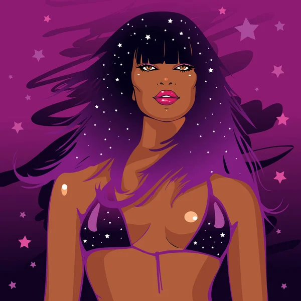 Афроамериканка с длинными черными волосами в купальнике, украшенном яркими звездами — стоковый вектор