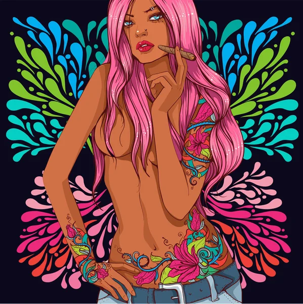 Mariposa chica con largo pelo rosa un tatuaje — Vector de stock