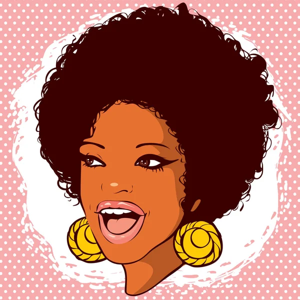 Αφρικανικός-αμερικανική γυναίκα με τα μαλλιά σε στιλ ντίσκο και χαμόγελο — Διανυσματικό Αρχείο