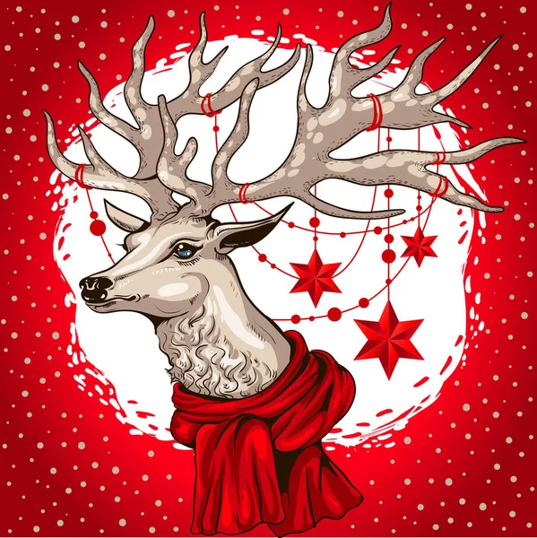 Testa di cervo illustrazione vettoriale con corna decorate stelle ghirlanda di Natale — Vettoriale Stock