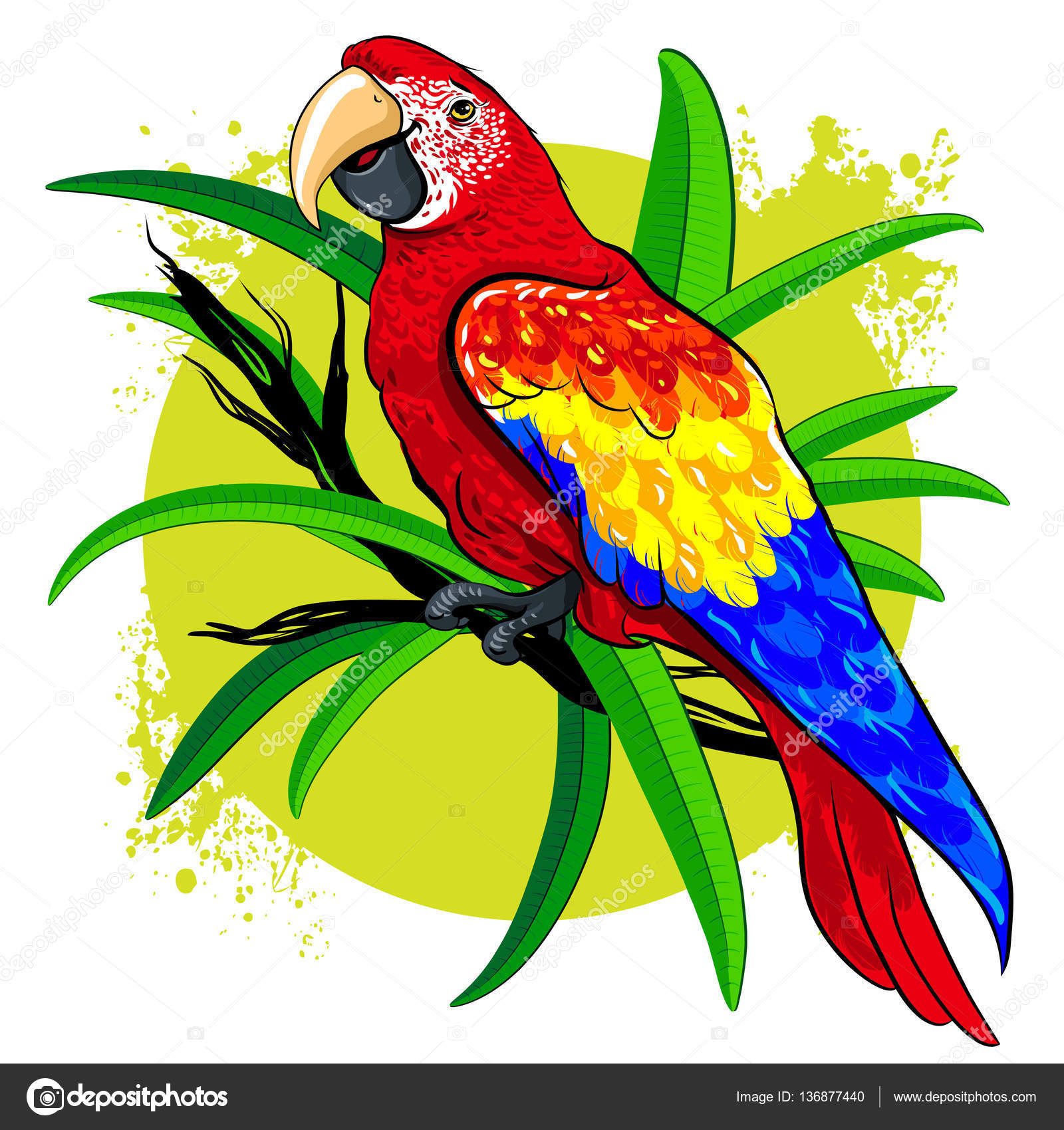 Illustrazione di vettore del pappagallo uccello colorato luminoso rosso con le ali gialle e blue su uno sfondo verde chiaro ornato con foglie verdi