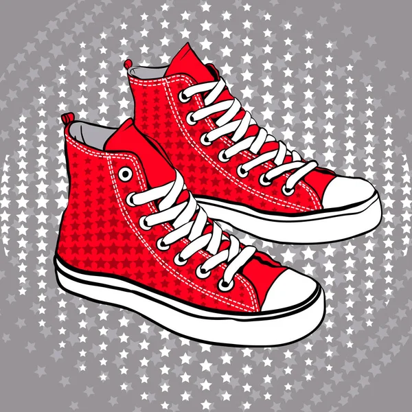 Κόκκινα αθλητικά παπούτσια διακοσμημένα με αστέρια — Διανυσματικό Αρχείο