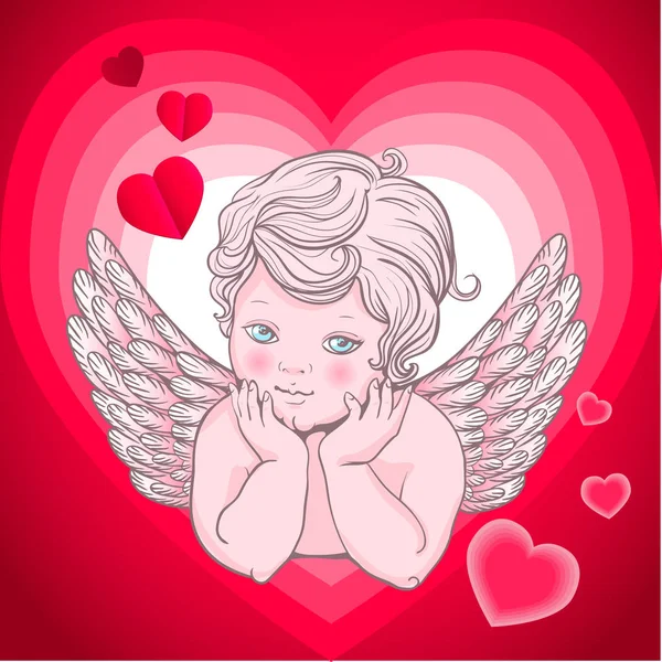 Little angel with wings, cupid  heart — Stock Vector