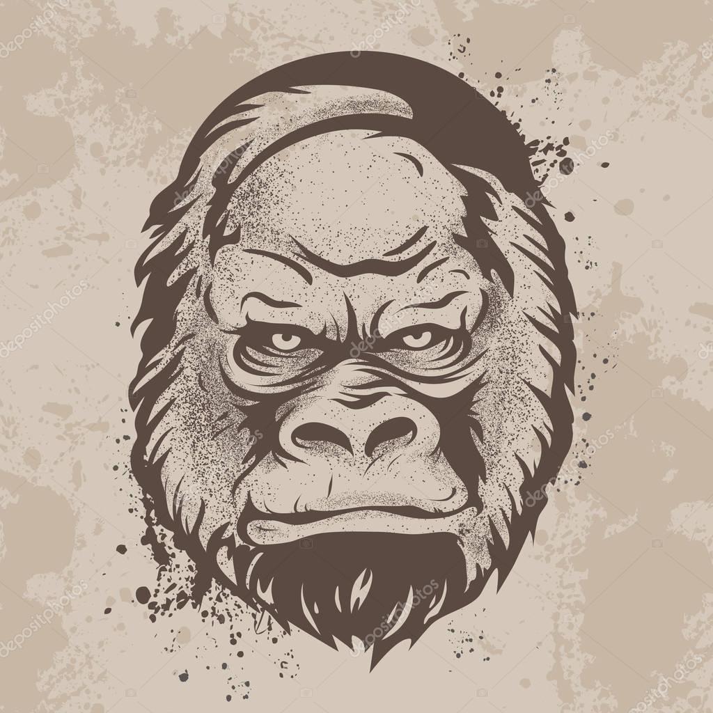 Vector illustration, graphic print, silhouette snout gorillas, monkeys in retro style on a background of ink stains and ink
