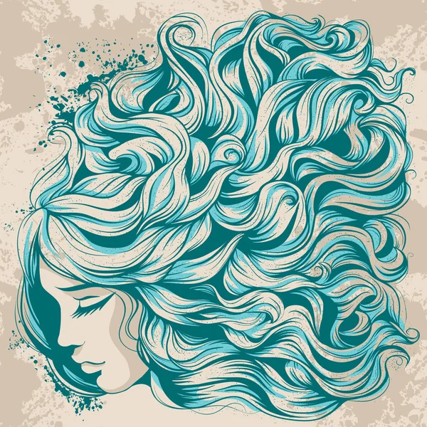 Gesicht Mädchen mit langen Haaren, schöne Frisur mit blauen Locken — Stockvektor