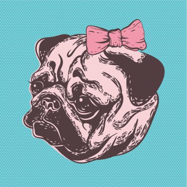 Vektör çizim şirin namlu köpek pug doğurmak kafasına yay ile