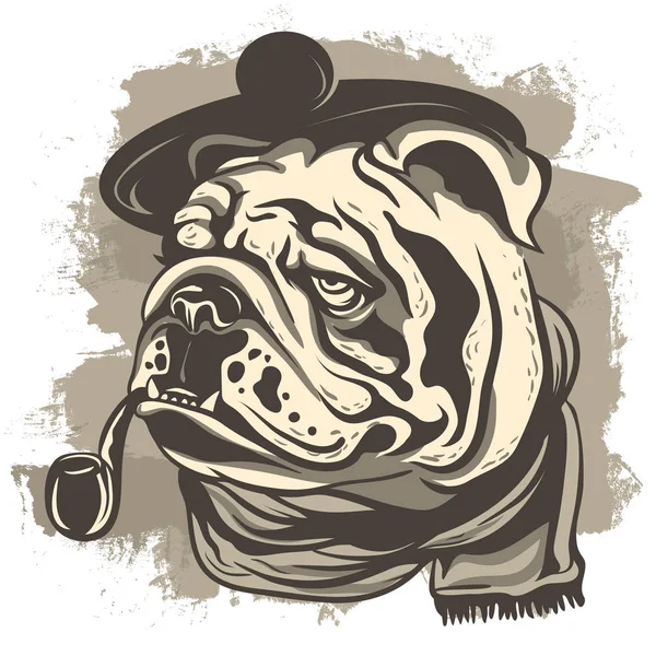 Ritning av en bulldog detektiv, bär en keps och halsduk — Stock vektor
