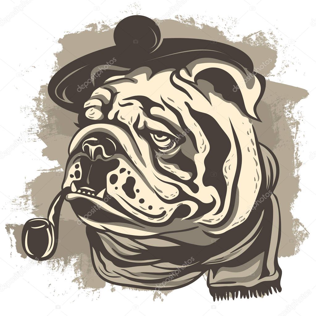 drawing of a bulldog detective, wearing a cap and scarf