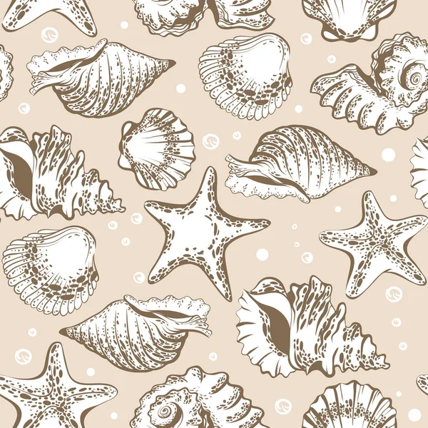 Varrat nélküli mintát, bézs kagylók és tengeri buborékok — Stock Vector
