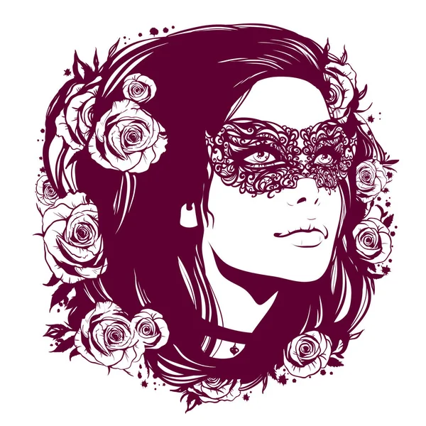 髪の花で飾られたビンテージ マスクの女の子 — ストックベクタ