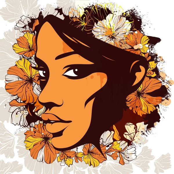 水彩画の背景の上に花で飾られた女性の顔 — ストックベクタ