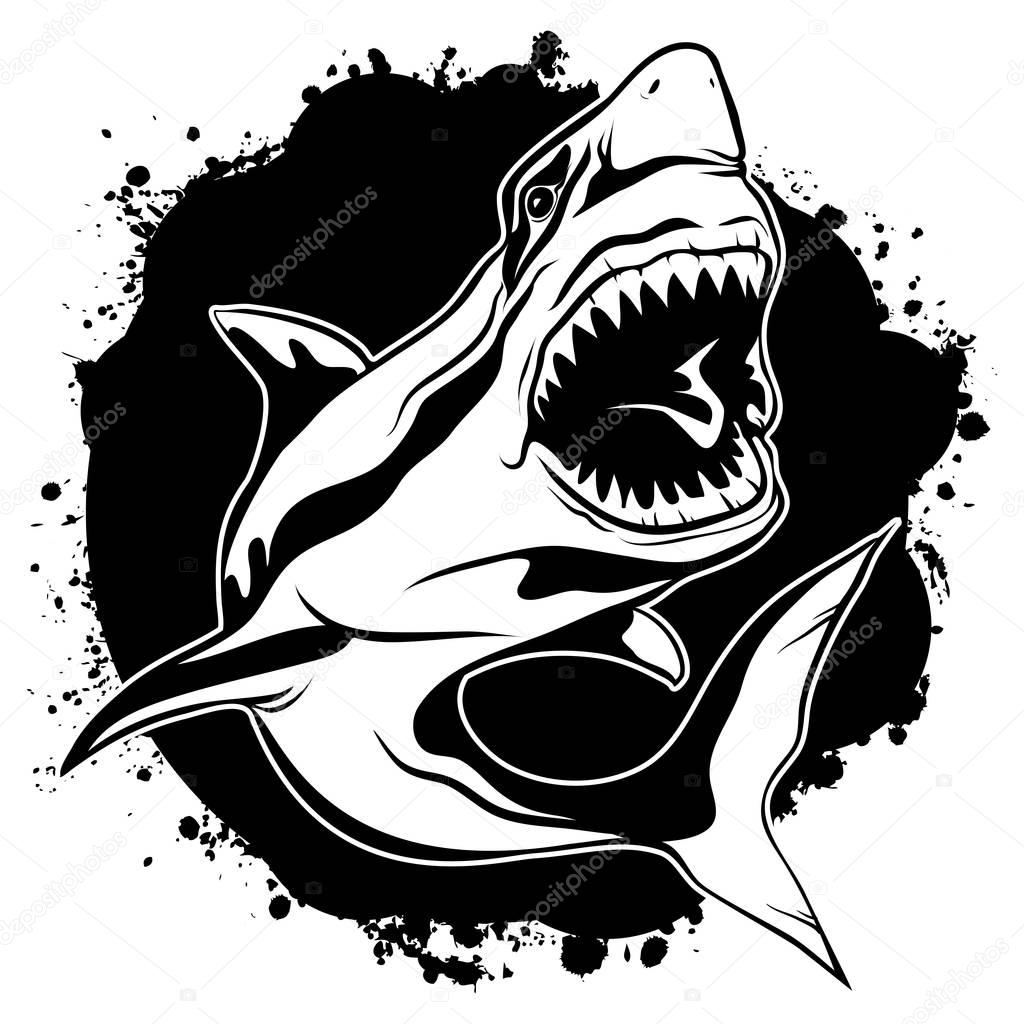 Graphic drawing ink aggressive shark with open mouth