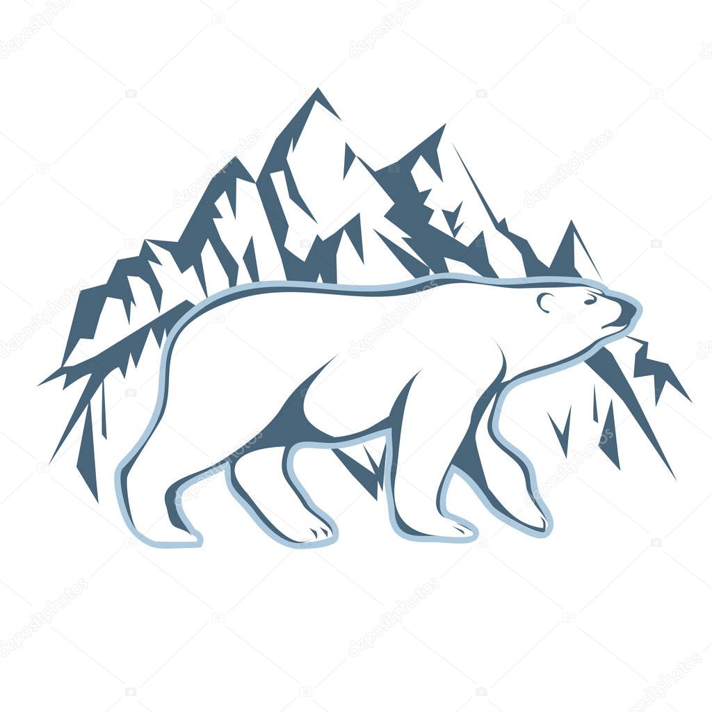 Vector illustration of a silhouette of a polar bear on a background of snow and mountains