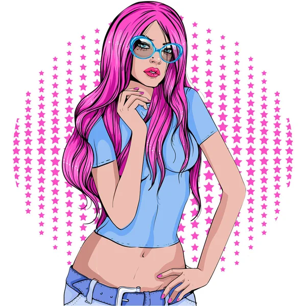 아름 다운 세련 된 소녀 긴 분홍색 머리와 안경을 착용. 디스코 스타일에서 그리기 그래픽 — 스톡 벡터