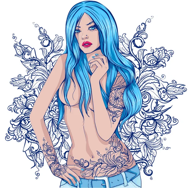 Grafik vacker flicka med blå långt hår och en tatuering på kroppen och händerna — Stock vektor